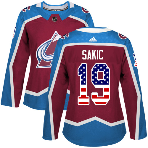 Adidas Avalanche #19 Joe Sakic Burgundy Home Authentic USA Flag Women's Stitched NHL Jersey - Click Image to Close